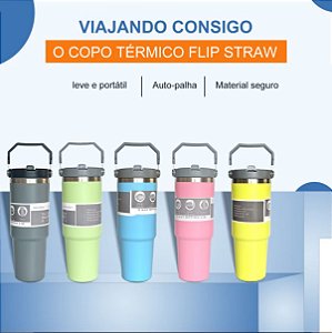 Copo Térmico Inox 900ml - Flip Tumbl Aço Inoxidavél - Isolamento Termico Com Canudo