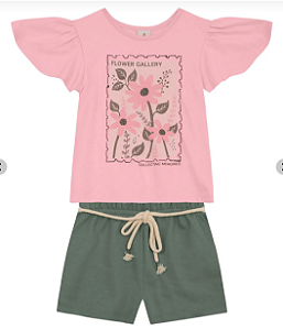 Conjunto Infantil Menina de Flores - Blusa Rosa e Short Moletinho Verde - Brandili - Ref 26616
