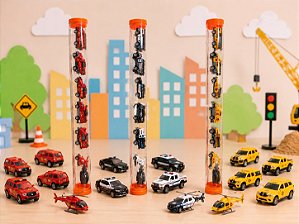 Tubão com 6 Mini Carros e 1 Lançador - Mini Carrinhos Esportivos - Com Lançador Veiculo Lança Carro