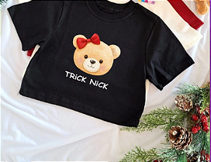 Blusa Croped Infantil Feminino - Em Algodão - Estampada De Urso - Cor Preta