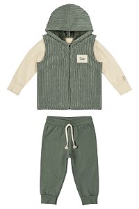 Conjunto Abrigo Masculino Infantil Com 3 Peças (Camiseta Manga LOnga, Colete e Calça Moleton) Cor Bege/Verde - Colorittá - Ref 70137