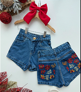 Short Jeans Feminino infantil - Bolso Com Flor Bordada