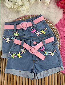 Short Infantil Menina Jeans - Com Cinto Rosa e Pingente de Pedras Coloridas