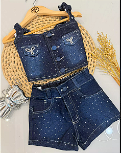 Conjunto Feminino Infantil Jeans Croped e Short Com Brilho - Wesley
