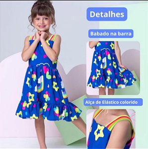 Vestido Infantil Menina Estampado Azul Colorido Rodado - Colorido Para Festa