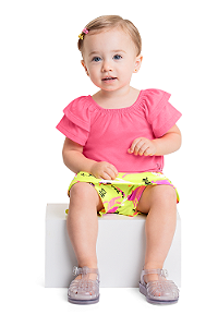 Conjunto Feminino Infantil Blusa em Malha e Short-saia Cotton Rosa\Amarelo - Ref 34145 - Quimby