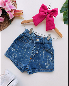 Short Jeans Feminino Estampa em Brilho Coração
