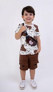 Conjunto Masculino Infantil Camiseta off Urso + Bermuda Sarja Marron e Bolsa