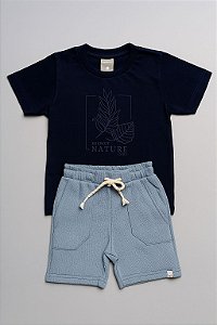 Conjunto Infantil Menino Folhas em Puff - Azul Marinho/Azul -Colorittá - Ref 74178