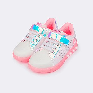 Tenis Feminino Infantil com Led e Strass Pampili -Branco/Rosa Neon REF670021