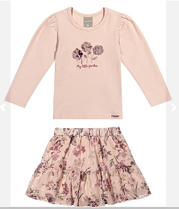 Conjunto Feminino Infantil Blusa Rosé com Flor Manga Longa Fina e Saia com Short Tule Florida - Colorittá - Ref 73367