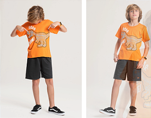 Conjunto Masculino Infantil - Dinossauro - Camiseta Laranja e Bermuda Preta