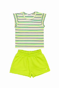 Conjunto de Blusa Boxy Over em Malha Canelada listrada e Short Verde Neon - Kukiê - Ref 93699