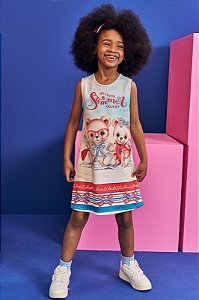 Vestido em Fly Feminino Infantil Off/ Azul e Vermelho Ursos Tech - Ref 74396 - Kukiê