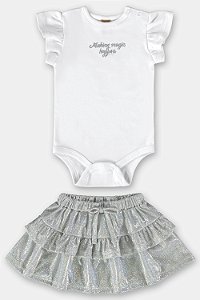 Conjunto Feminino Infantil Body Em Suedine e Saia Em Tule Prata - Ref 45539 - Up Baby