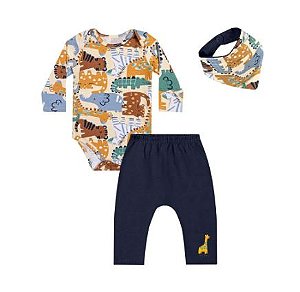 Kit Bebê Menino Estampado - 1 Body, 1 Calça e 1 Babador - Elian - Bege/Azul Marinho - Ref 201383