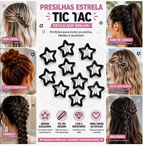 Kit de Tictacs Infantil Estrela Preto - para Cabelo - com 50 Unidades