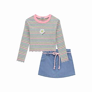 Conjunto Feminino Infantil Meia Estação com Short Saia Kukie -Jeans/Colorido REF63729