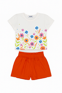 Conjunto de Blusa Off Florido e Short Sarja Laranja - Kukie - Ref 93315