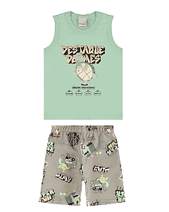 Conjunto Infantil Menino Regata Verde Claro Em Algodão e Bermuda de Moletinho Cinza Estampada - Malwee Kids - Ref 128306