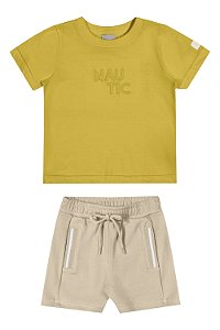 Conjunto Masculino Infantil Camiseta Mostarda  e Bermuda Bege  - Coloritta - Ref 72202