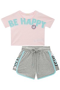 Conjunto Feminino Infantil de Blusa Boxy com Shorts Infanti -Rosa/Cinza REF60639