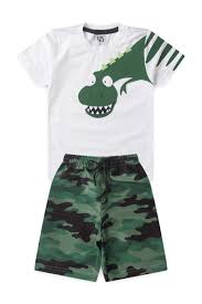 Conjunto Masculino Infantil Dino Camuflado - Camiseta Branca e Bermuda Moletinho Estampada