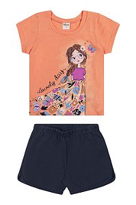 Conjunto Feminino Infantil - Blusa Laranja e Shorts Moletinho Azul Marinho - Elian - Ref 232383