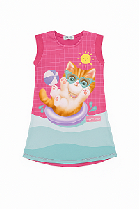 Vestido Infantil Feminino Pink/Verde Água Malha e Canelado - Gato com òculos - Kukie - Ref 93844