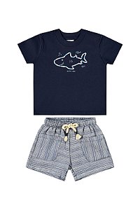 Conjunto Masculino Infantil Camiseta Azul de Tubarão e Short de Sarja Azul - Quimby - Ref 34223