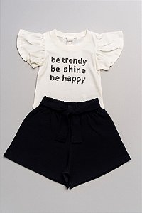 Conjunto Infantil Menina Blusa e Short Com Laço Off/Preto - Elian - Ref251915