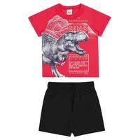 Conjunto Elian Infantil Verão Menino Estampa Dinossauro Cor Coral - Elian - Ref 221361