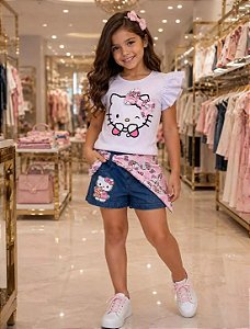 Conjunto Infantil Menina - Short Jeans E Tshirt Hello Kitty Com Lenço - Zara