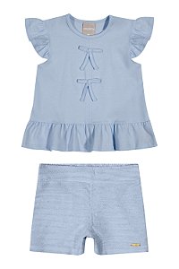 Conjunto Feminino Infantil Bata Azul Clara com Laços e Short - Colorittá - Ref 73318
