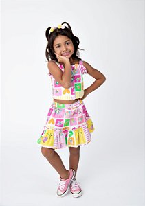 Conjunto Infantil Feminino Croped e Saia com Short - Colorido - Chantela