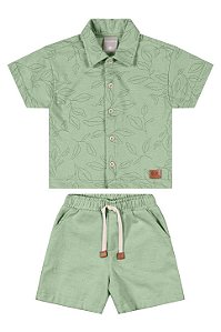 Conjunto Menino Infantil - Camisa Malha Folhagem Verde e Bermuda - Colorittá - Ref 72303