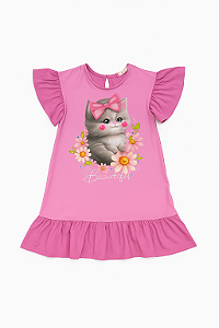 Vestido Feminino Infantil Rosa com Estampa Gato - Kukie - Ref 94020