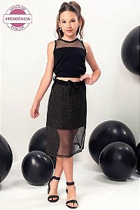 Conjunto de Blusa Cropped e Saia Midi em Cotton e Tela Brilho Vic&Vicky REF67814