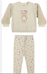 Abrigo Infantil Feminino Bebê Blusão Off Com Pelinho Manga Urso e Calça Legging Bolinha Flanelada - Elian - Ref 211678