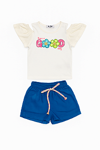Conjunto Feminino Infantil Blusa Off e Short Sarja Azul - Kukie - Ref 93402
