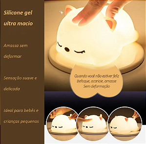 Luminária Abajur - Gatinho Led Infantil - Luz Noturno Silicone - Gatinho Muda de Cor