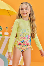 Conjunto Trio de Blusa e Biquíni em Malha Uv Dry com Proteção Uv 50+ Verde Neon - Ref 74127 - Infanti