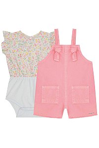 Conjunto Feminino Infantil de Body e Jardineira em Sarja Pita Infanti -Rosa Neon REF60301