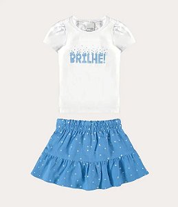 CONJUNTO INFANTIL MENINA BLUSA EM ALGODÃO E SAIA EM LINHO MALWEE KIDS - BRANCO REF112786