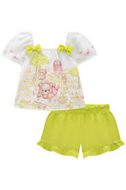 Conjunto Feminino Infantil de Bata em Air Flow com Shorts em Viscose Turim Off e Verde Neon - Ref 75466 - Infanti