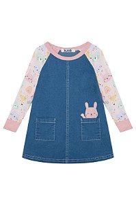 Vestido Happy Baby Manga Longa Jeans e Molecotton Kukie -Rosa REF62723