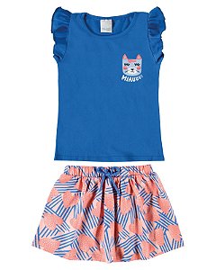 Conjunto Feminino Infantil com Saia Shorts em Algodão Malwee -Azul REF107960
