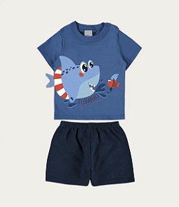 Conjunto Masculino Infantil Manga Curta em Moletinho Rajado Malwee -Azul/Marinho REF101904