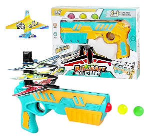 Pistola Lança Aviões E Bolinhas - Nerf Infantil Aircraft Gun Verde E Laranja