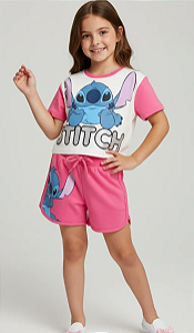 Conjunto Infantil Feminino - Stitch Rosa Off - Disney Stitch